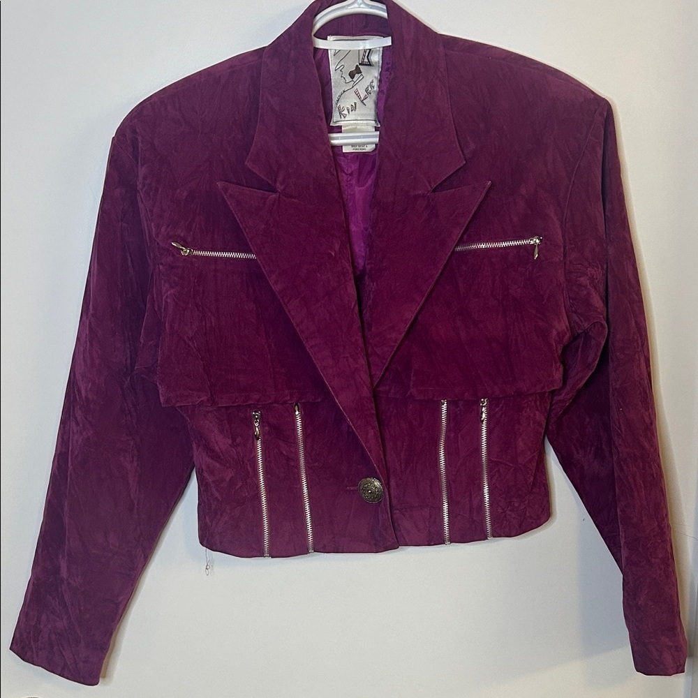 Vintage Plum Suede-Look Cropped Jacket | Statement Zippers | Spring Icon Piece